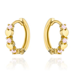 Kolczyki złote serduszka z różowymi cyrkoniami na kreolu