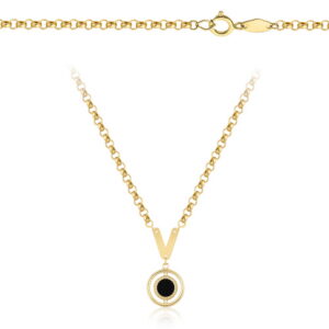 Naszyjnik złoty kółko z czarnym kamieniem i literką V