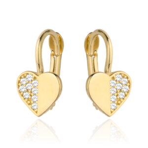Kolczyki złote serduszko pół gładkie pół z cyrkonii