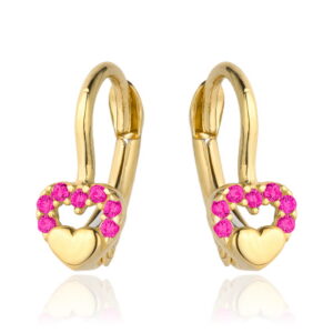 Kolczyki złote wypukłe serduszko w sercu z purpurowych cyrkonii