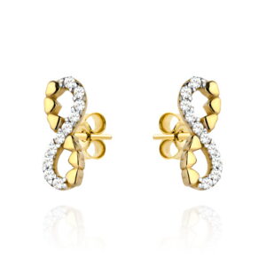 Kolczyki złote znak nieskończoności, cyrkonie i serduszka