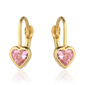 Kolczyki złoty kontur serca i różowy kamień