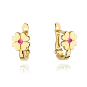 Kolczyki złote czterolistna koniczyna z różową cyrkonią