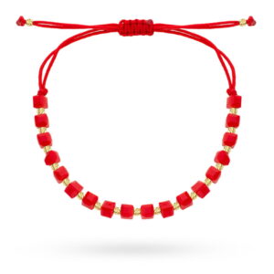 Bransoletka złote diamentowane kulki i czerwone kamienie na sznurku