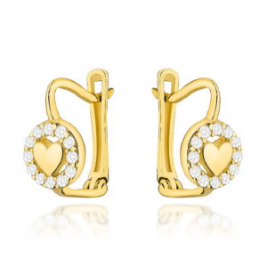 Kolczyki złote serduszko w oprawie cyrkonii na angielskim zapięciu