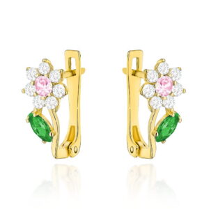 Kolczyki złote kwiatki z różową i zieloną cyrkonią