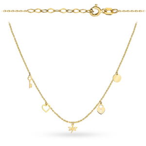 Naszyjnik złoty kluczyk, serce, ważka, kłódka i pełne kółko