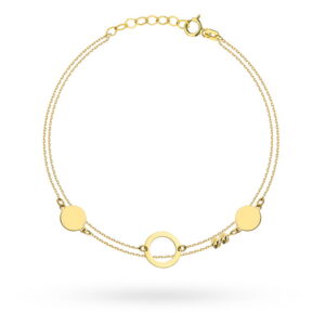 Bransoletka złota z pełnymi kółkami, ringiem i diamentowanymi kulkami na podwójnym łańcuszku