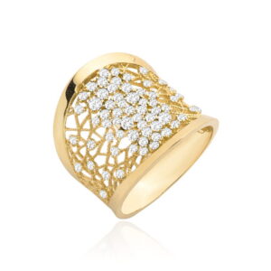 Pierścionek złoty ażurowy z białymi cyrkoniami