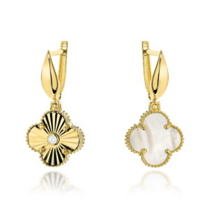 Kolczyki złote dwustronne koniczynki z masą perłową