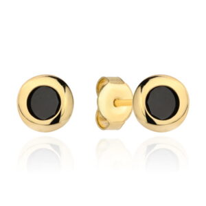 Złote kolczyki na sztyfcie czarny kamień w gładkiej oprawie