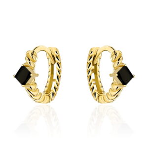Kolczyki złote kółeczka żłobione z czarnym kamieniem