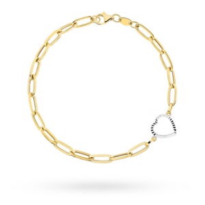 Bransoletka złota długie ogniwa i diamentowane serce w dwóch kolorach złota