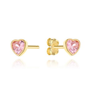 Kolczyki złote serduszka z różowym kamieniem