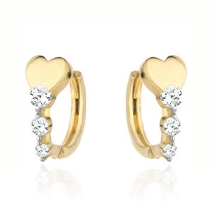Kolczyki złote serce i rząd trzech cyrkonii