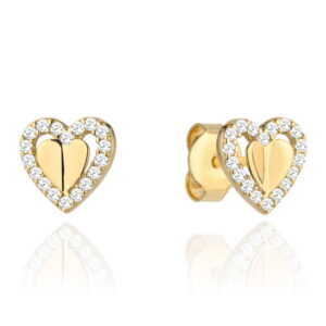 Kolczyki złote wypukłe serce otoczone sercem z cyrkonii
