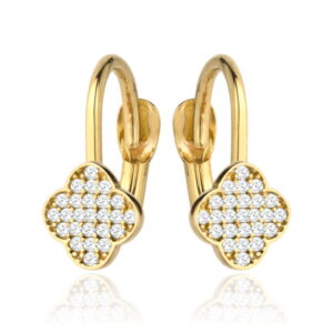 Kolczyki złote koniczynki wysadzane cyrkoniami na angielskim zapięciu