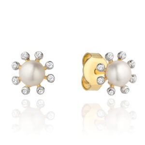 Kolczyki złote kwiatuszek z perły i cyrkonii