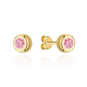 Kolczyki złote mały różowy kamyk otoczony złotem