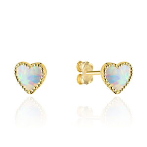 Kolczyki złote serduszka z opalem na sztyfcie