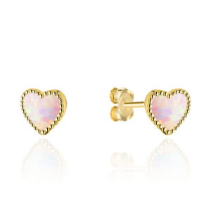 Kolczyki złote serduszka z różowym opalitem na sztyfcie