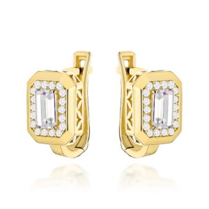 Kolczyki złote z kwadratowym kamieniem i cyrkoniami na angielskim zapięciu