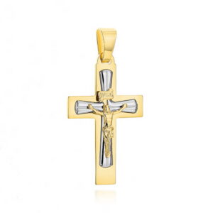Krzyżyk złoty z ukrzyżowanym Jezusem w dwóch kolorach złota