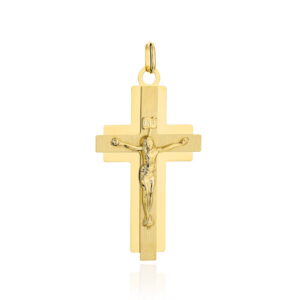 Krzyżyk złoty satynowy w błyszczącej oprawie z Jezusem średni