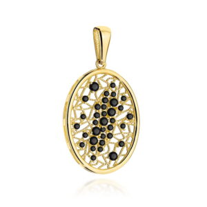 Zawieszka złota ażurowy owal z czarnymi kamieniami