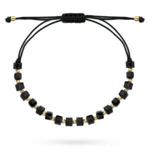 Bransoletka złote diamentowane kulki i czarne kamienie na sznurku