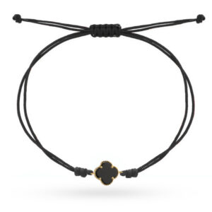 Bransoletka złota czarna koniczynka na czarnym sznurku