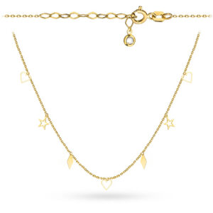 Naszyjnik złoty z wiszącymi gwiazdkami, rombami i konturami serc