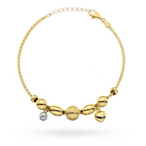 Bransoletka złota z kulkami i sercem w dwóch kolorach złota zdobiona diamentowaniem