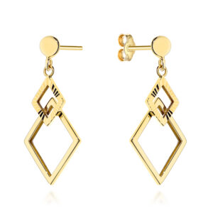 Kolczyki złote wiszące romby zdobione diamentowaniem