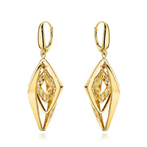 Kolczyki złote potrójne gładkie romby zdobione ażurem