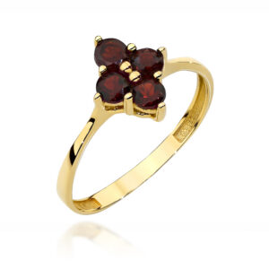Pierścionek złoty kwiat z naturalnym kamieniem - granat