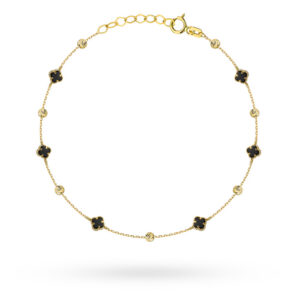 Bransoletka złota z czarnymi koniczynkami i diamentowanymi kulkami