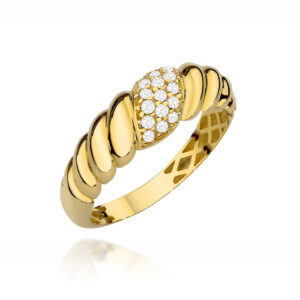 Pierścionek złoty pleciony zdobiony cyrkoniami na środku