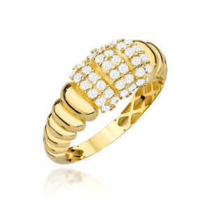 Pierścionek złoty żłobiony z potrójnym rzędem wysadzanym cyrkoniami