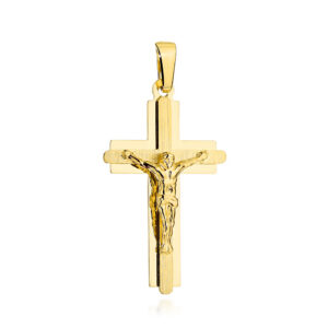 Krzyżyk złoty satynowy w błyszczącej oprawie z ukrzyżowanym Jezusem