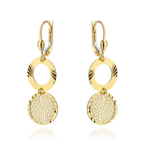 Kolczyki złote wiszące diamentowany ring i ażurowe kółko