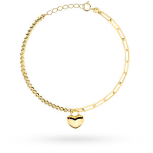 Bransoletka złota długie ogniwa, diamentowane kulki i gładkie serce