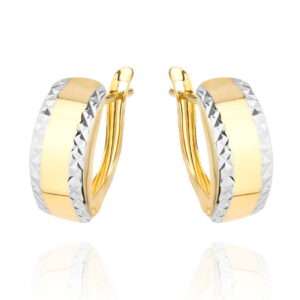 Kolczyki złote diamentowane na obu brzegach dwa kolory złota zaokrąglone