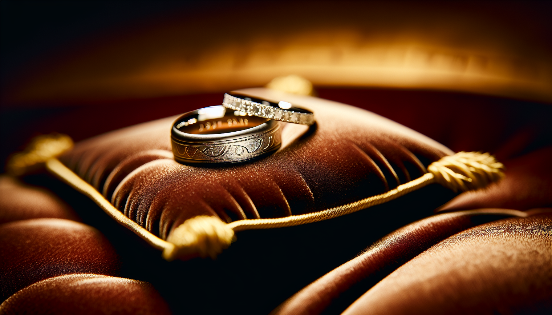 zakup obrączek ślubnych — Obrączki z grawerem i diamentami na aksamitnej poduszce.