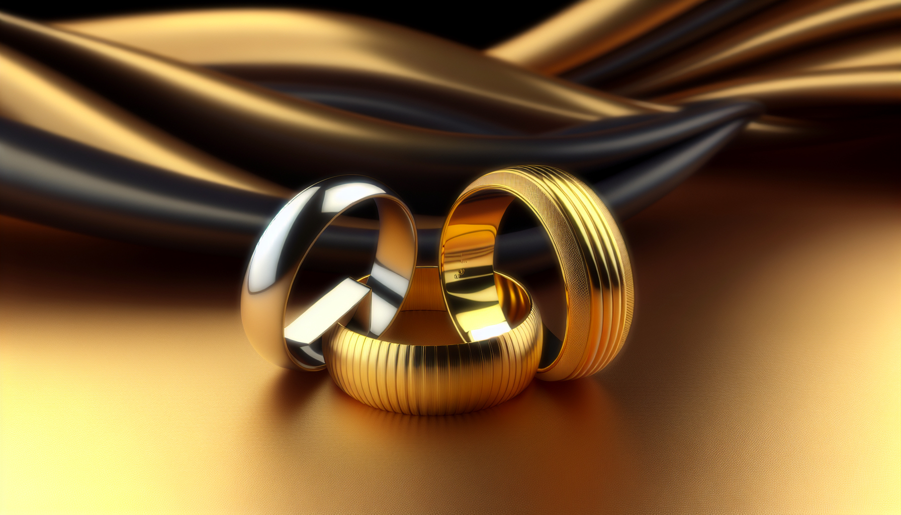 zakup obrączek ślubnych — Złote, platynowe i palladowe obrączki na tle eleganckiego materiału.